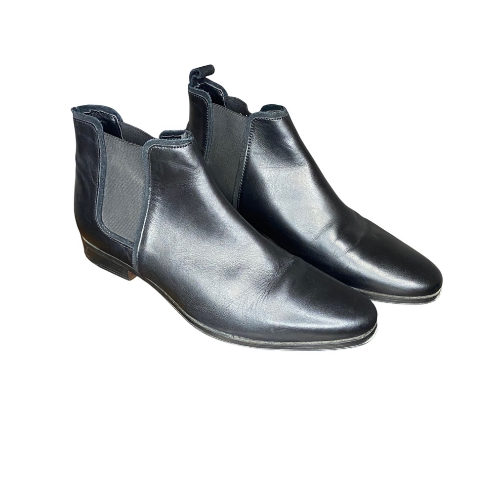 ASOS Mens Black Leather Chelsea Boots Ankle Pull On Almond Toe Stacked Heel 9.5